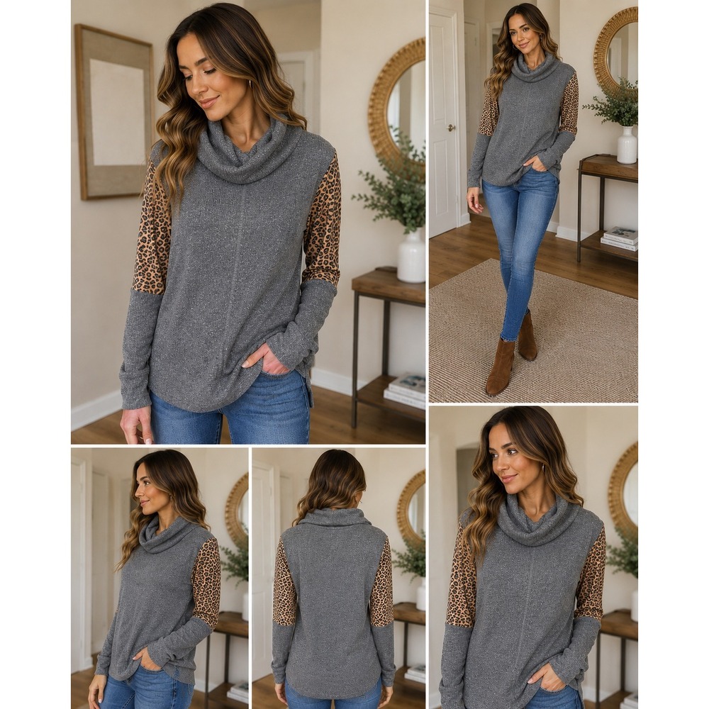 Miss Me Cowl Neck Sweater Womens L Grey Cotton Blend Leopard Print Waffle Knit